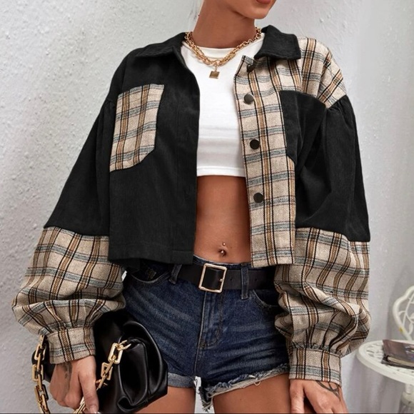 Tops - Corduroy Jacket, Cropped Plaid Patchwork Coat, Puffy Long Sleeve Button Down Top